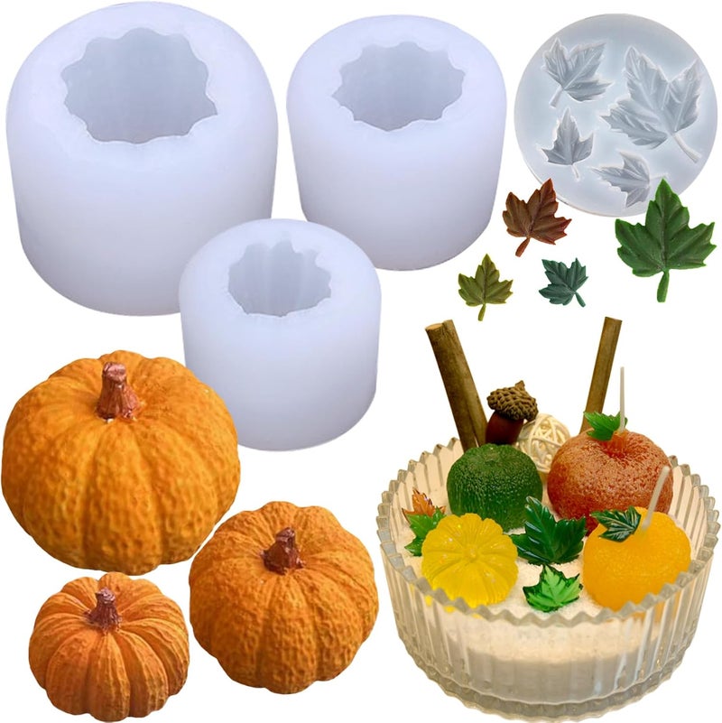 ZQYSING (4 Pack) Pumpkin Candle Molds with Leaf Mold, Set of Large + Medium + Small 3D Pumpkin Silicone Molds for Candles Wax Soap Epoxy Resin Casting Thanksgiving Halloween DIY Art Gifts Home Decor - Image 1